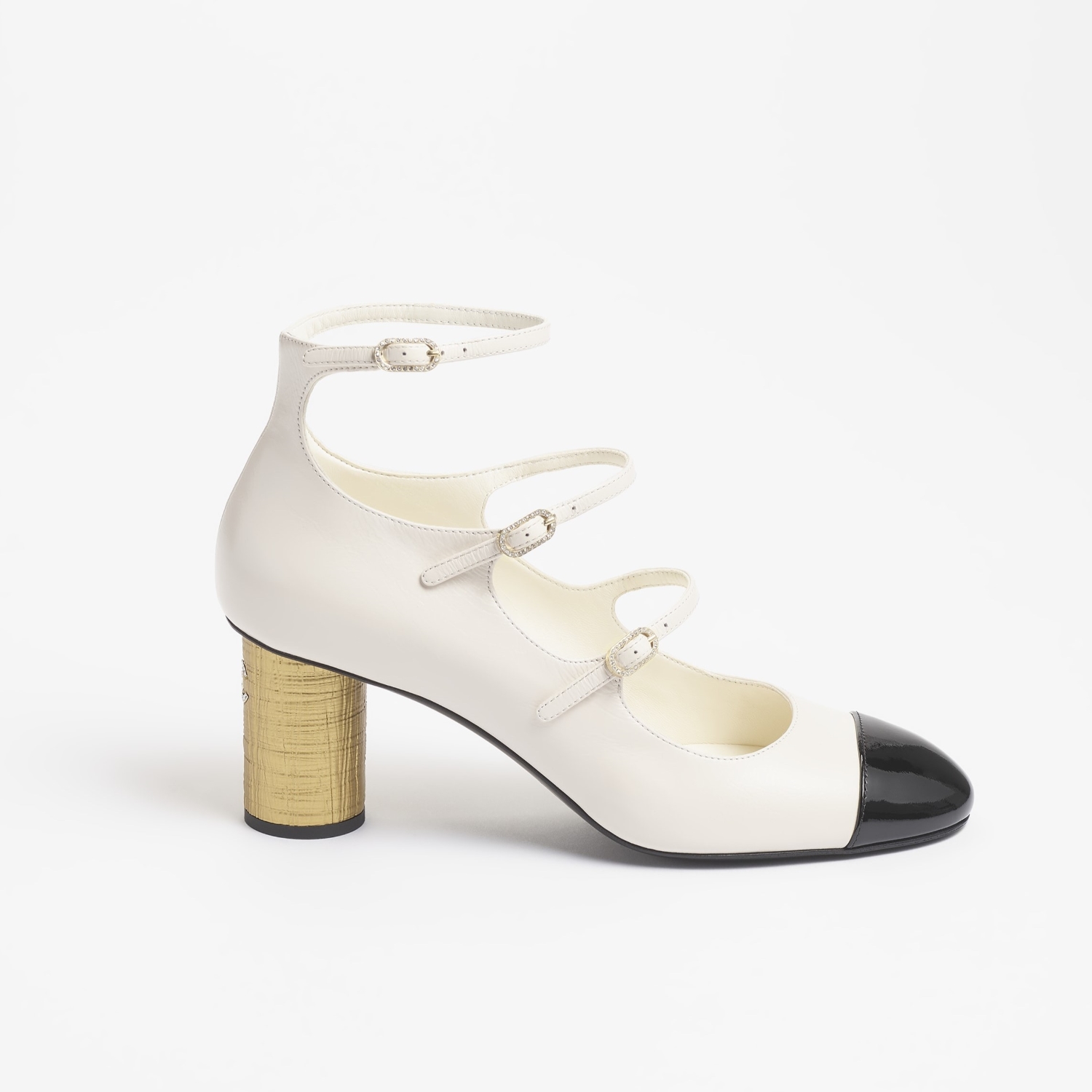 MARY JANES, THREE STRAPS, IVORY AND BLACK