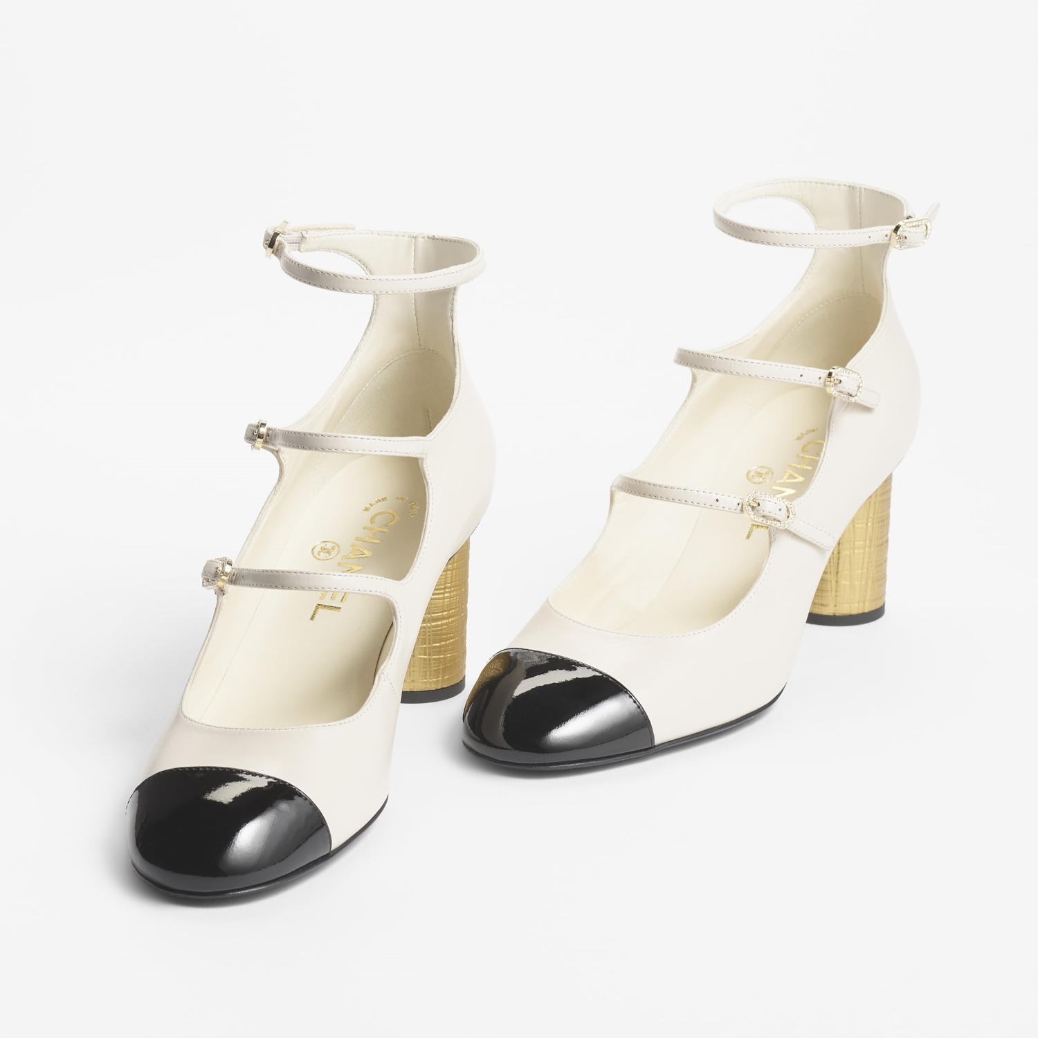 MARY JANES, THREE STRAPS, IVORY AND BLACK